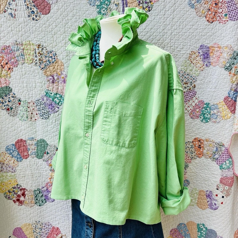 Upcycled Cape Cod GAP Lime Green Oxford Cloth Cropped Ruffle Collar Shirt‎ XXL - Picture 5 of 10